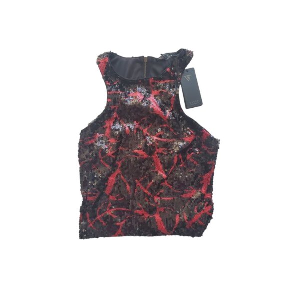 NWT Guess Red Black Sequined Sequins Sparkle Cropped Crop Racerback Tank Top XS - Picture 2 of 7